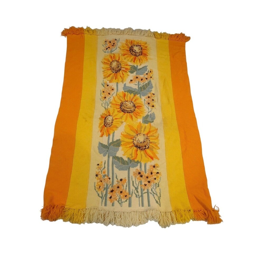 Vintage Handmade Sunflower Knit Throw Blanket Orange Yellow Fringe 76x48 Retro
